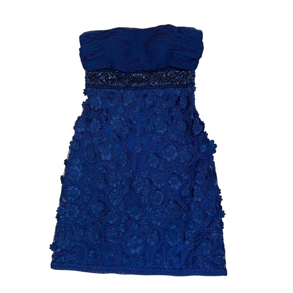 Sue Wong Beaded Embroidered Floral Strapless Navy Blue Mini Dress Size 4 - Picture 2 of 14